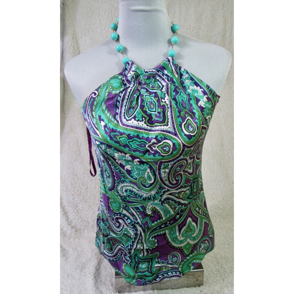 INC International Concepts Royal Paisley Print Beaded Sleeveless SILK Top Sz 4P
